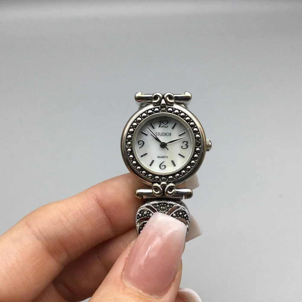 Studio Time Womens Watch 24mm Silver Tone Marcasite MOP Dial New Battery